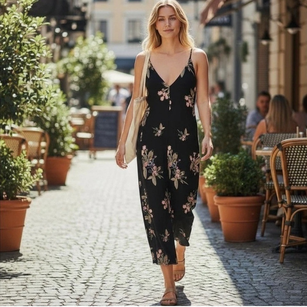 Free People Wide Leg Floral Berries Jumpsuit Size SP